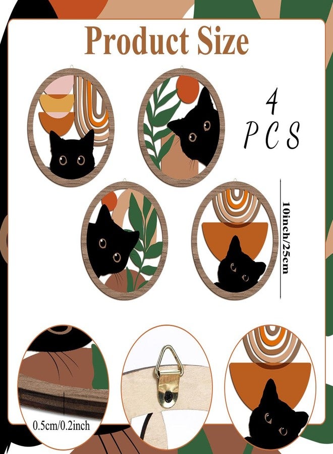XFN 4PCs 3D Boho Cat Hanging Wooden Wall Art Wall Decor, Botanical Wall Decor Boho Room Decor, Cat Lover Gifts, Bohemian Wooden Sign Wood Art Wood Plaque Home Decor for Living Room Bedroom Farmhouse - Image 2